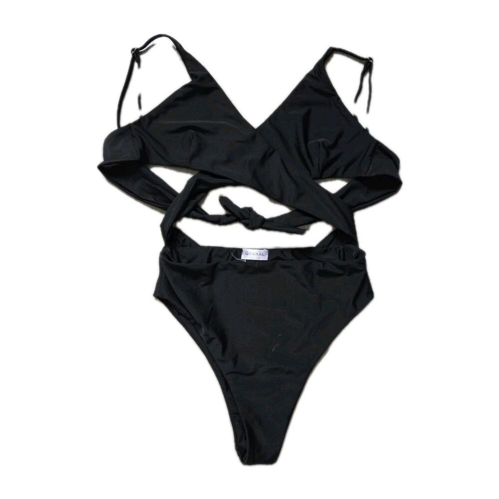 Qearal Black Cut Out One Piece Swimsuit Womens Wrap Tie Monokini Sz S EUC